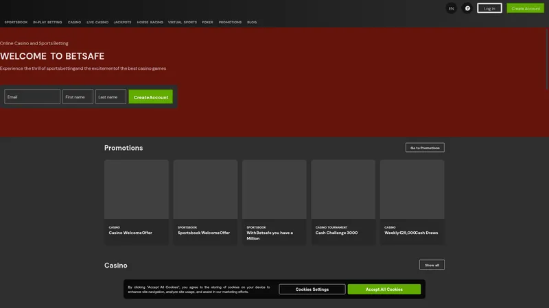 Betsafe hjemmeside screenshot 2026 - casino oversigt