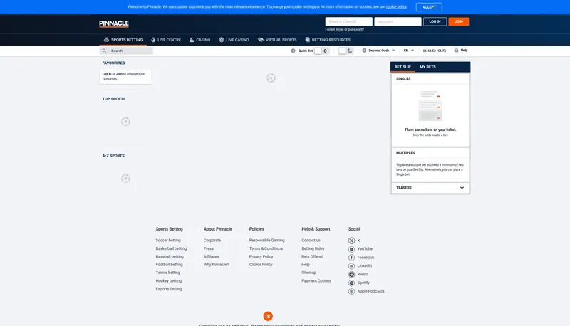 Pinnacle hjemmeside screenshot 2026 - casino oversigt