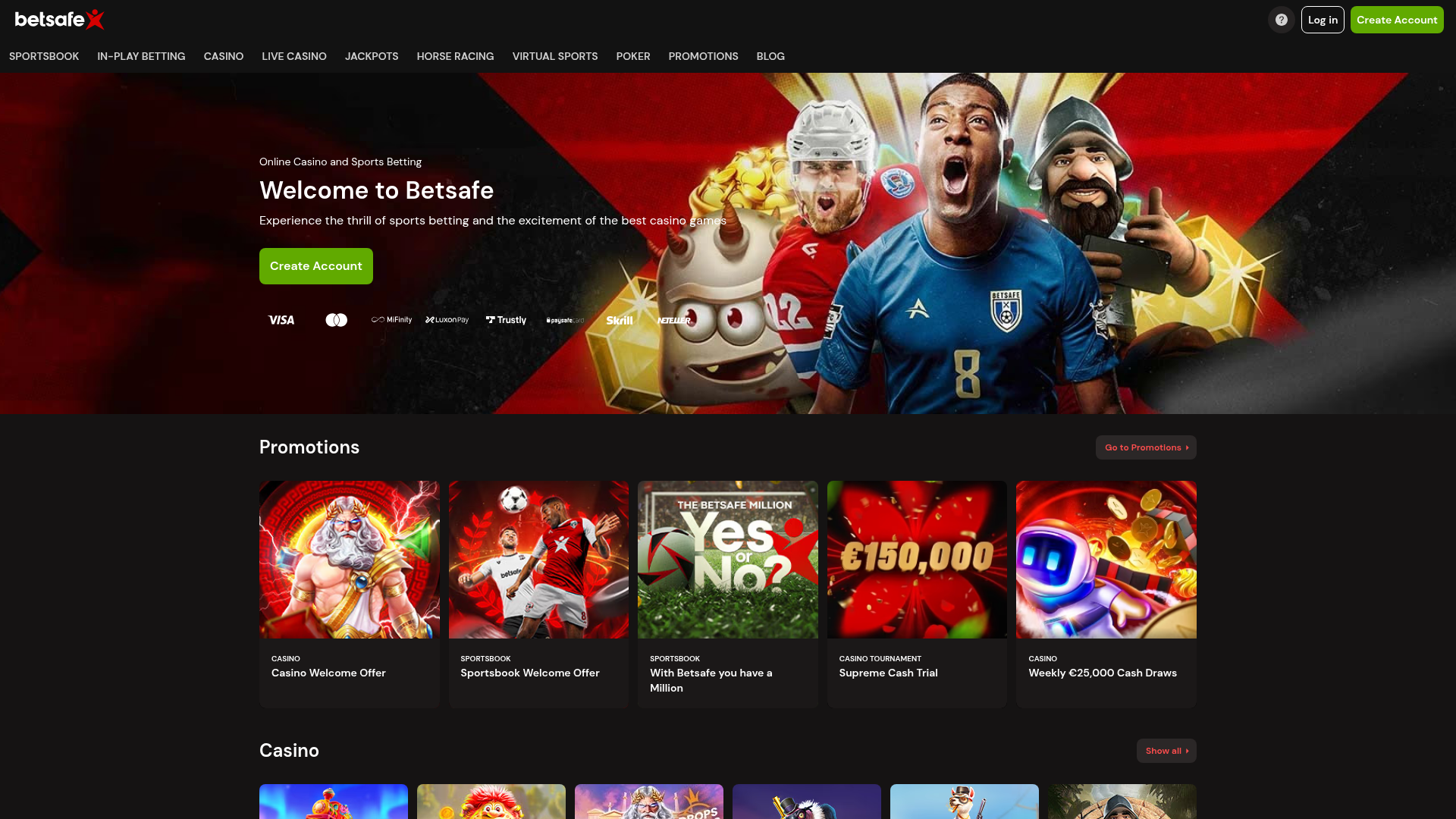 Skærmbillede af Betsafes forside