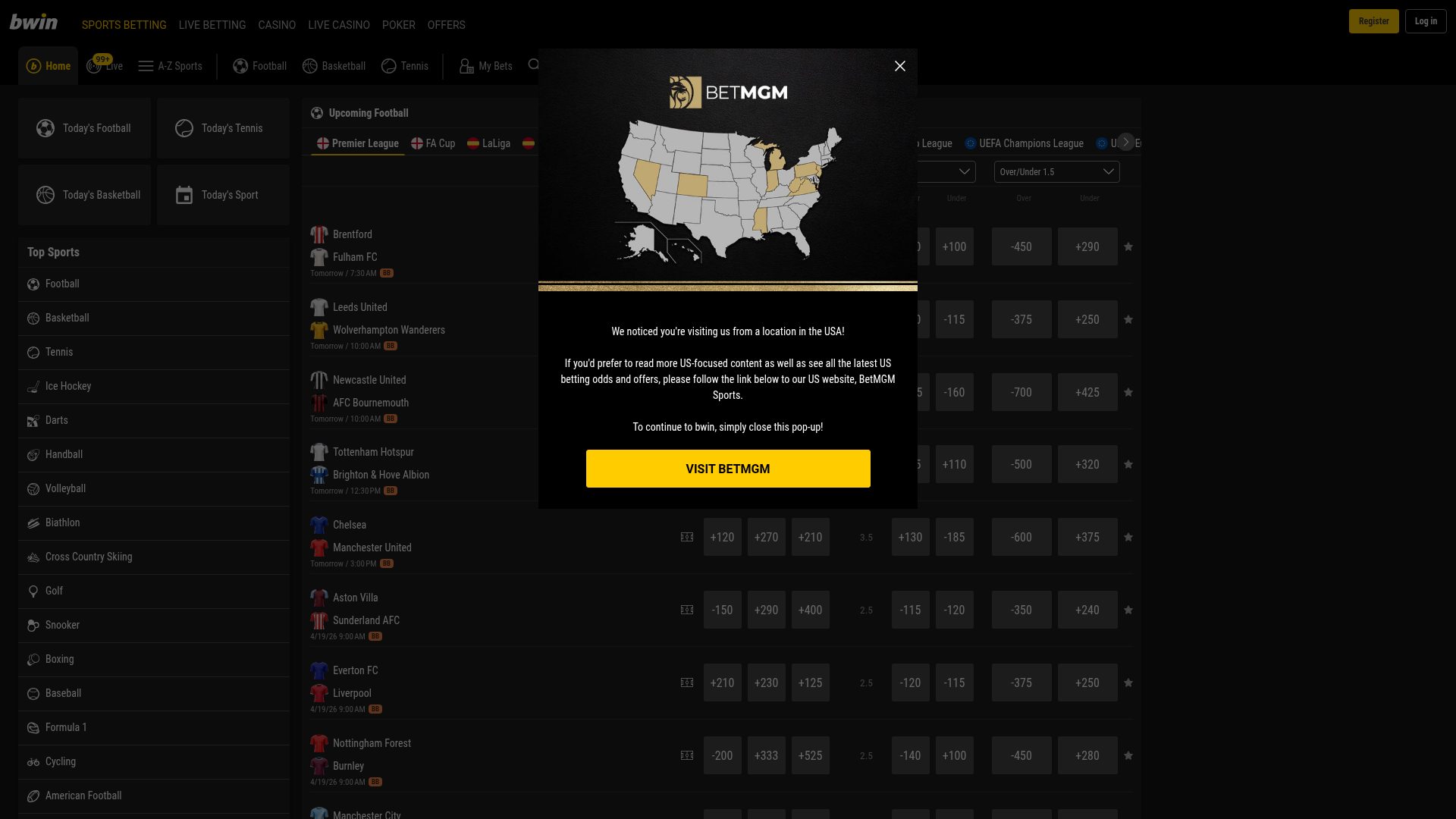Skærmbillede af Bwins forside