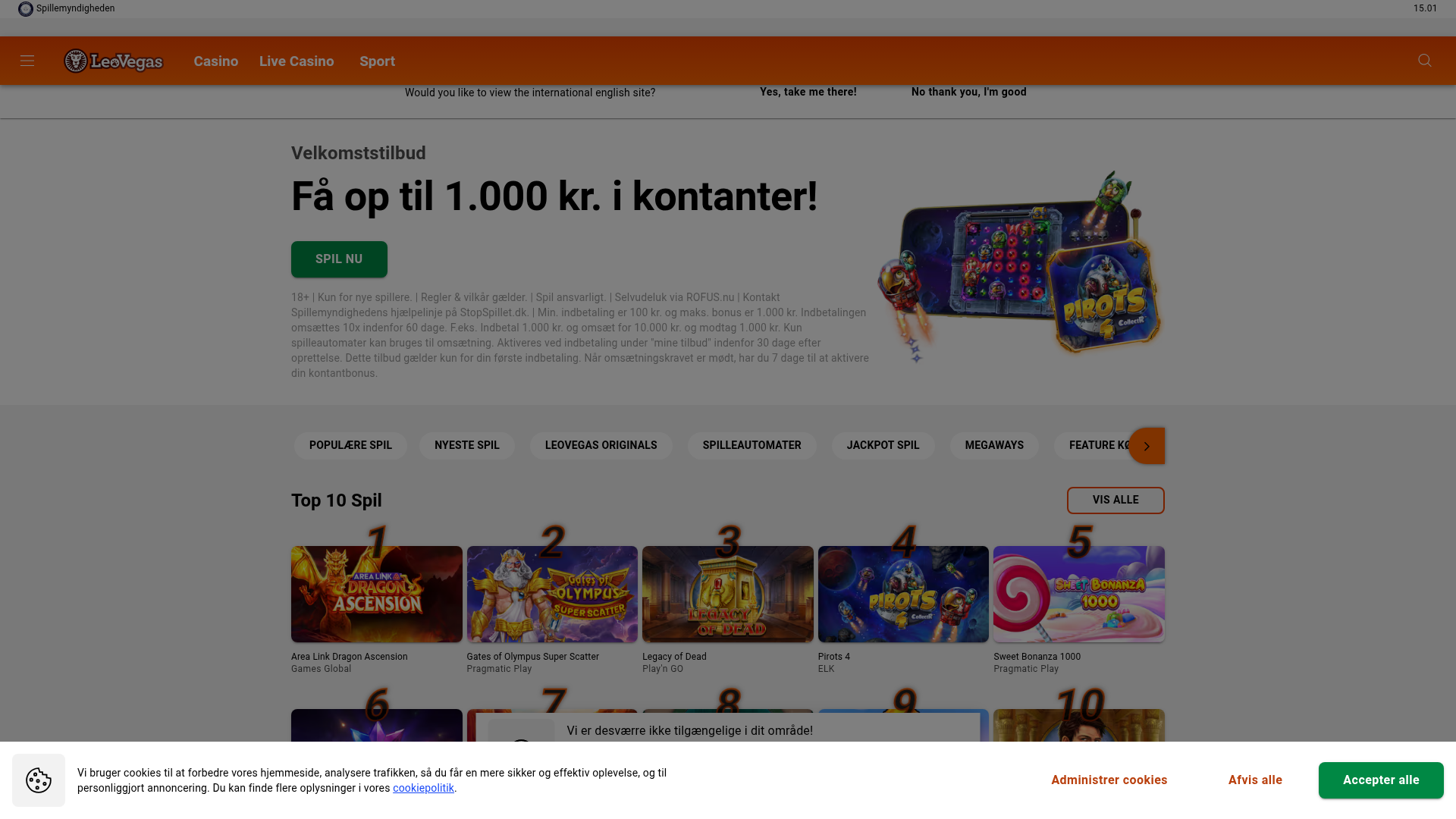 Skærmbillede af LeoVegass forside