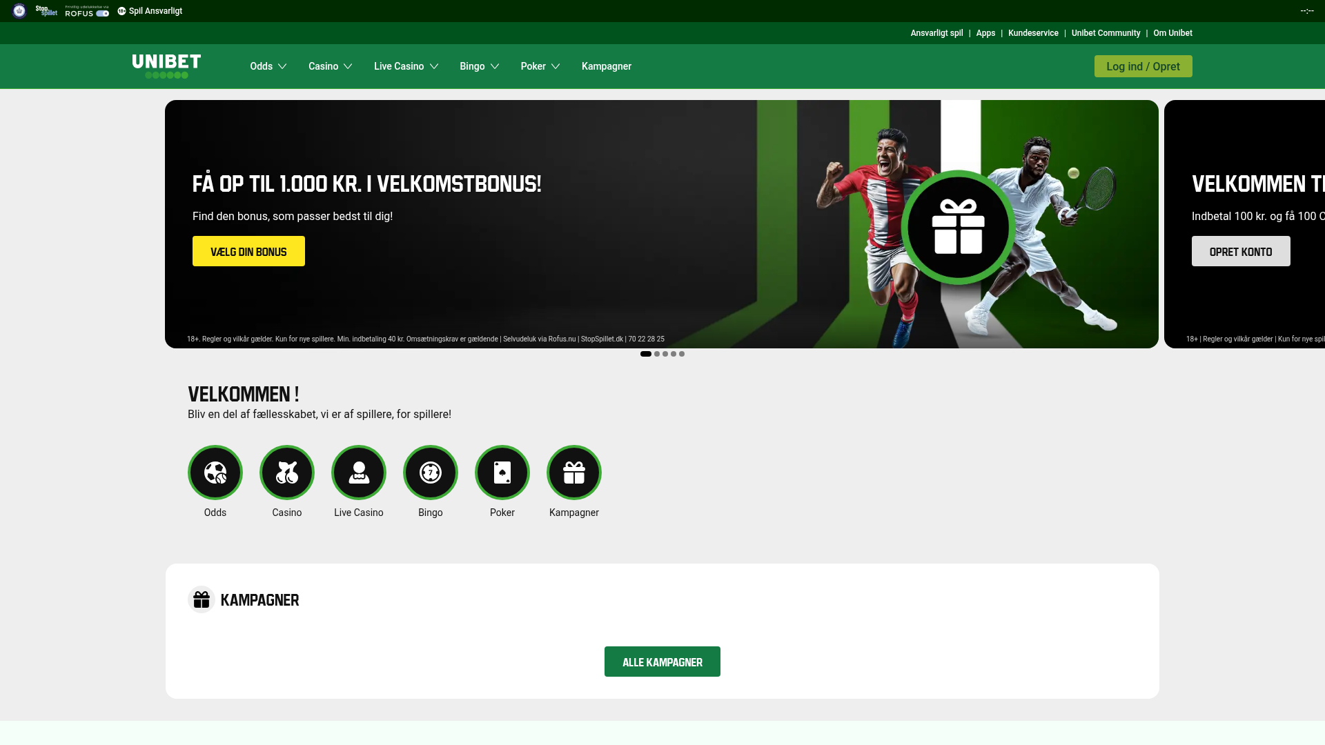 Skærmbillede af Unibets forside